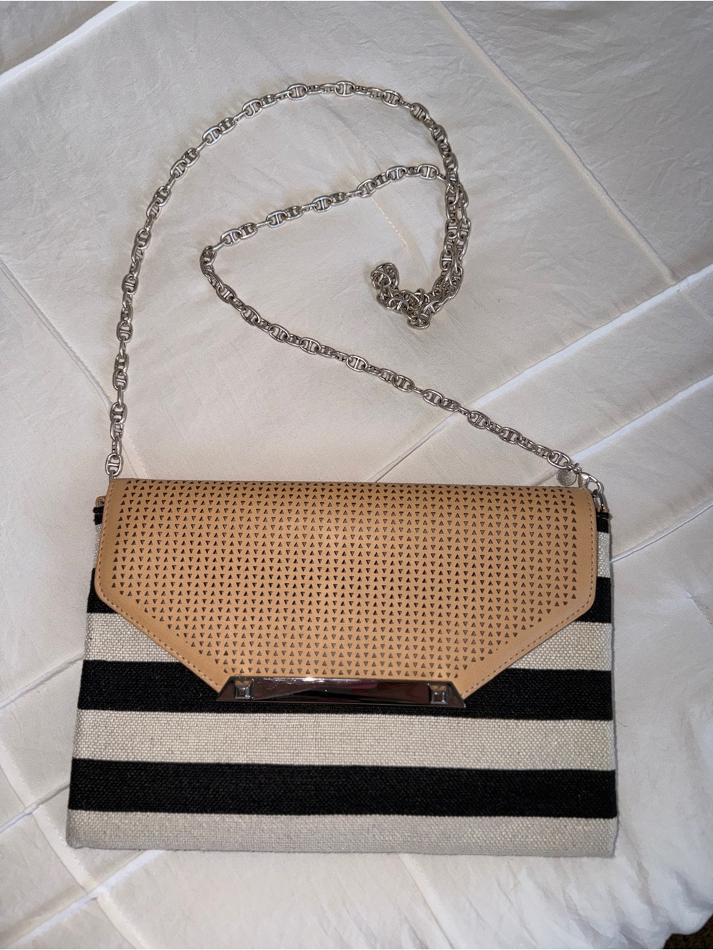 Stella & Dot Striped Canvas Crossbody Bag with Tan Perforated Flap